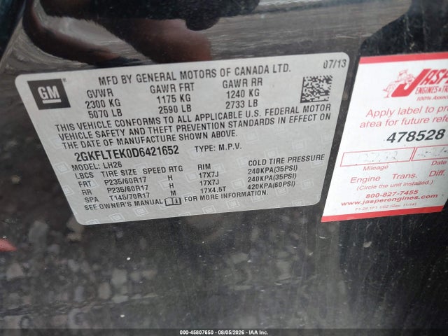 Продаж на аукціоні авто 2013 Gmc Terrain Sle-2, vin: 2GKFLTEK0D6421652, номер лоту: 45807650