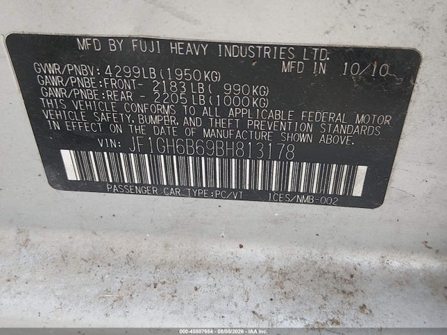 45807654 :رقم المزاد ، JF1GH6B69BH813178 vin ، 2011 Subaru Impreza 2.5i Premium مزاد بيع