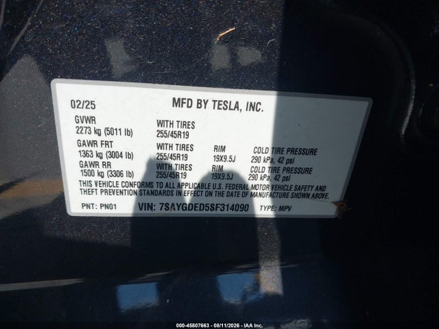 Aukcja sprzedaży 2025 Tesla Model Y Long Range Dual Motor Rear-wheel Drive, vin: 7SAYGDED5SF314090, numer aukcji: 45807663