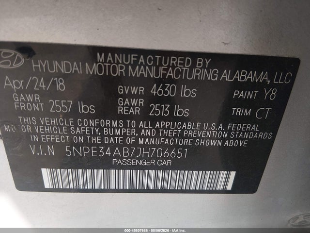 2018 Hyundai Sonata Limited 2.0t+ მანქანა იყიდება აუქციონზე, vin: 5NPE34AB7JH706651, აუქციონის ნომერი: 45807666