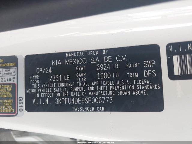 2025 Kia K4 Ex მანქანა იყიდება აუქციონზე, vin: 3KPFU4DE9SE006773, აუქციონის ნომერი: 45807676