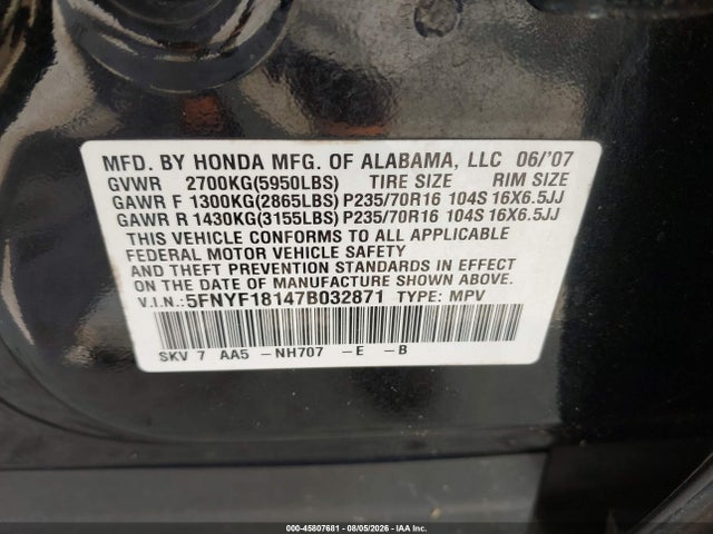 Aukcja sprzedaży 2007 Honda Pilot Lx, vin: 5FNYF18147B032871, numer aukcji: 45807681