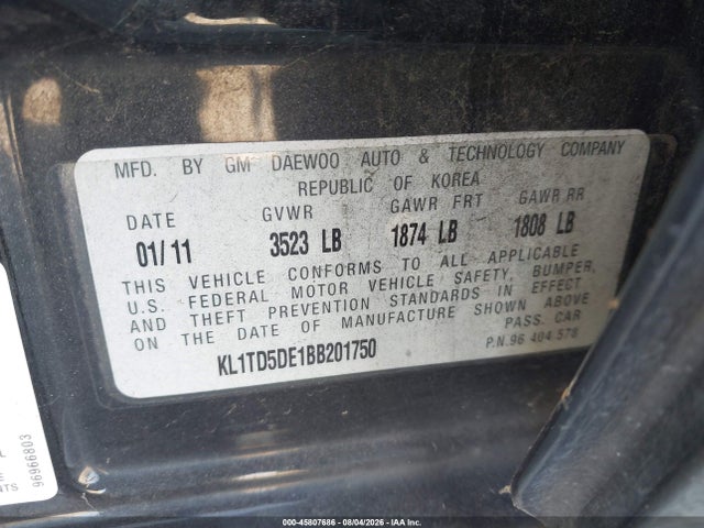 45807686 :رقم المزاد ، KL1TD5DE1BB201750 vin ، 2011 Chevrolet Aveo 1lt مزاد بيع