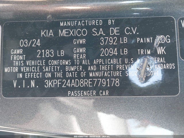 2024 Kia Forte Lxs მანქანა იყიდება აუქციონზე, vin: 3KPF24AD8RE779178, აუქციონის ნომერი: 45807708
