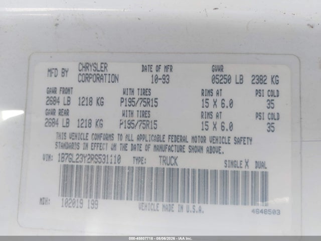 Продажа на аукционе авто 1994 Dodge Dakota, vin: 1B7GL23Y2RS531110, номер лота: 45807718