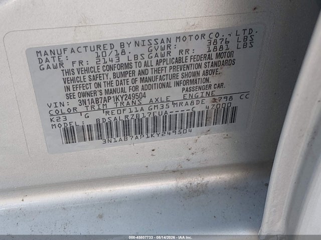 Aukcja sprzedaży 2019 Nissan Sentra Sr, vin: 3N1AB7AP1KY249504, numer aukcji: 45807733