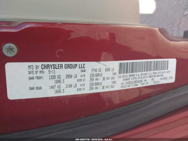45807749 :رقم المزاد ، 2A4RR5DGXBR746296 vin ، 2011 Chrysler Town & Country Touring مزاد بيع