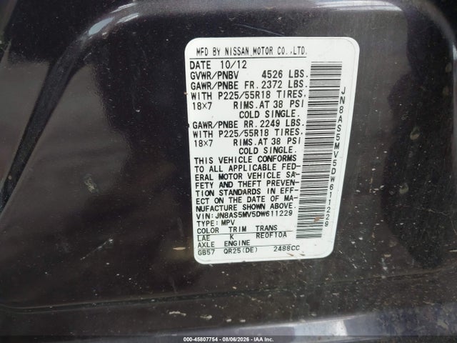 45807754 :رقم المزاد ، JN8AS5MV5DW611229 vin ، 2013 Nissan Rogue Sv W/sl Pkg مزاد بيع