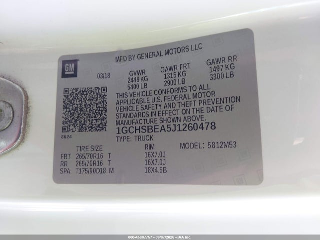 Продаж на аукціоні авто 2018 Chevrolet Colorado Wt, vin: 1GCHSBEA5J1260478, номер лоту: 45807757
