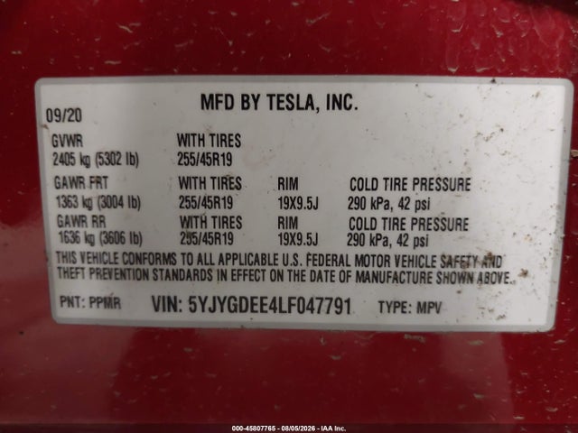 Продаж на аукціоні авто 2020 Tesla Model Y Long Range Dual Motor All-wheel Drive, vin: 5YJYGDEE4LF047791, номер лоту: 45807765