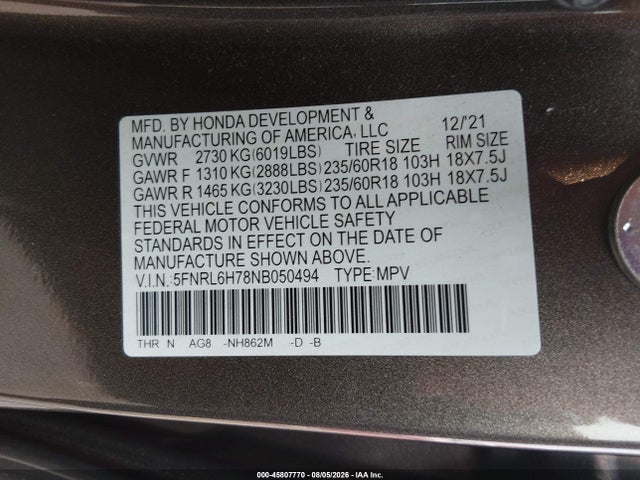 Продаж на аукціоні авто 2022 Honda Odyssey Ex-l, vin: 5FNRL6H78NB050494, номер лоту: 45807770