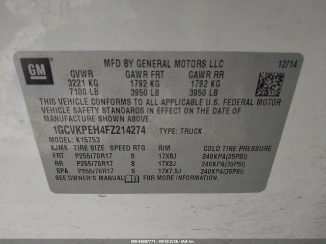 Auction sale of the 2015 Chevrolet Silverado 1500 Work Truck, vin: 1GCVKPEH4FZ214274, lot number: 45807771