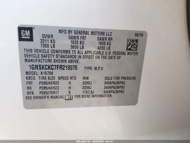 2015 Chevrolet Tahoe Ltz მანქანა იყიდება აუქციონზე, vin: 1GNSKCKC7FR218976, აუქციონის ნომერი: 45807791