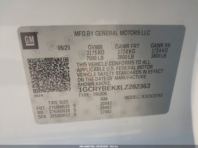 45807794 :رقم المزاد ، 1GCRYBEKXLZ282363 vin ، 2020 Chevrolet Silverado 1500 4wd  Standard Bed Custom مزاد بيع