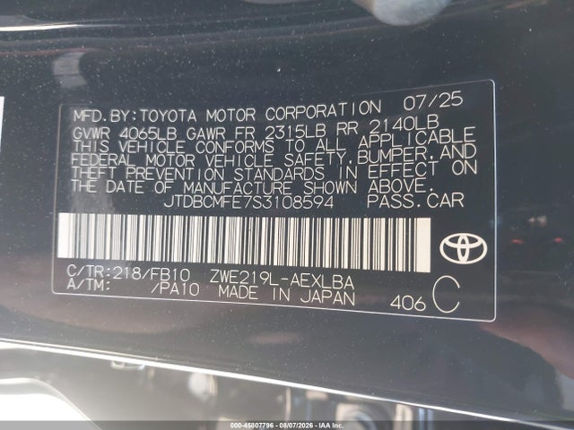 JTDBCMFE7S3108594 Toyota Corolla Hybrid Le