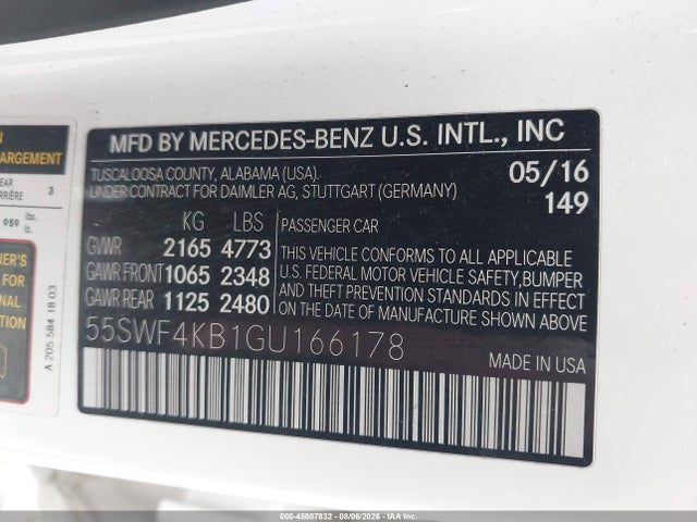 Aukcja sprzedaży 2016 Mercedes-benz C 300 4matic, vin: 55SWF4KB1GU166178, numer aukcji: 45807832