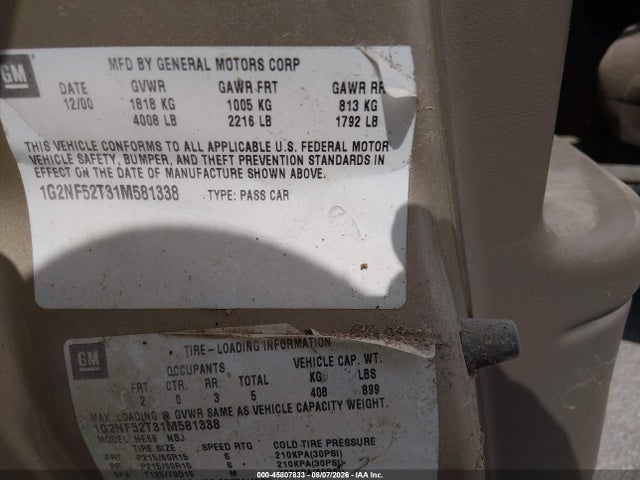 Продаж на аукціоні авто 2001 Pontiac Grand Am Se1, vin: 1G2NF52T31M581338, номер лоту: 45807833