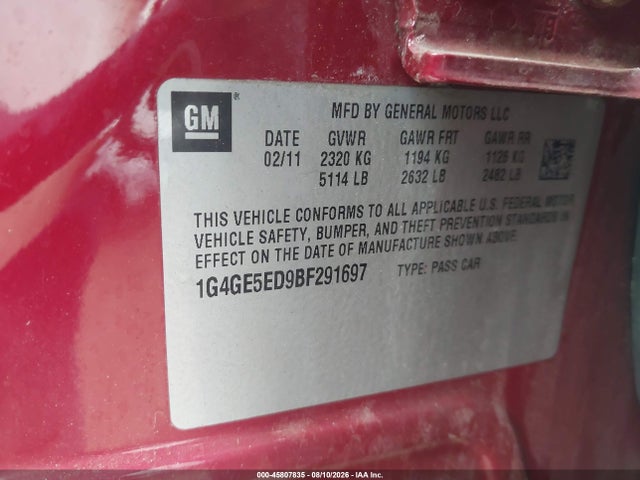 45807835 :رقم المزاد ، 1G4GE5ED9BF291697 vin ، 2011 Buick Lacrosse Cxs مزاد بيع