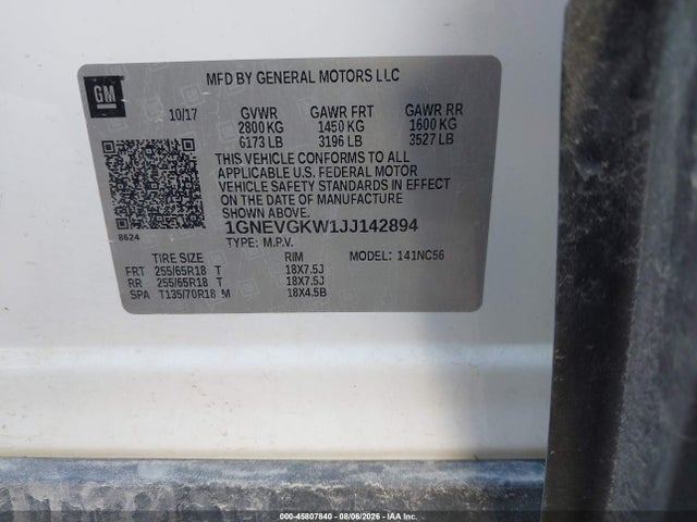 2018 Chevrolet Traverse Lt Cloth მანქანა იყიდება აუქციონზე, vin: 1GNEVGKW1JJ142894, აუქციონის ნომერი: 45807840