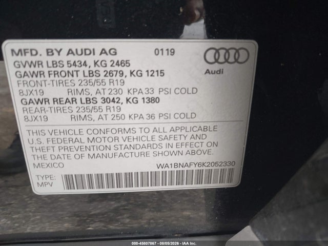 45807867 :رقم المزاد ، WA1BNAFY6K2052330 vin ، 2019 Audi Q5 45 Premium مزاد بيع