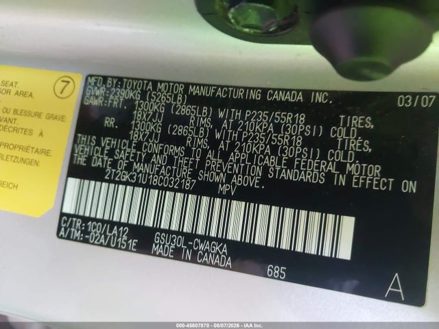45807870 :رقم المزاد ، 2T2GK31U18C032187 vin ، 2008 Lexus Rx 350 مزاد بيع