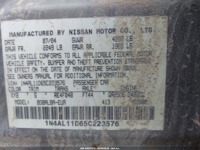 2005 Nissan Altima 2.5 S მანქანა იყიდება აუქციონზე, vin: 1N4AL11D65C223576, აუქციონის ნომერი: 45807874