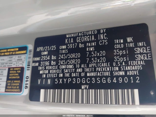 Aukcja sprzedaży 2025 Kia Telluride Ex X-line, vin: 5XYP3DGC3SG649012, numer aukcji: 45807876