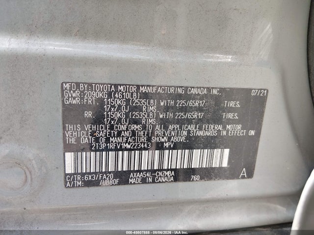 Aukcja sprzedaży 2021 Toyota Rav4 Xle, vin: 2T3P1RFV1MW223443, numer aukcji: 45807888