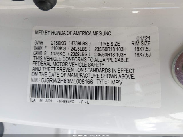45807897 :رقم المزاد ، 5J6RW2H83ML008166 vin ، 2021 Honda Cr-v Awd Ex-l مزاد بيع
