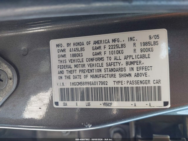 Aukcja sprzedaży 2006 Honda Accord 2.4 Ex, vin: 1HGCM56896A017962, numer aukcji: 45807902