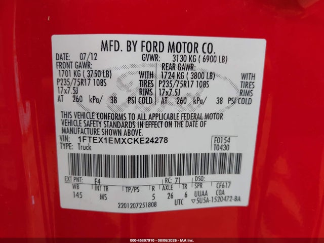 45807910 :رقم المزاد ، 1FTEX1EMXCKE24278 vin ، 2012 Ford F-150 Xlt مزاد بيع