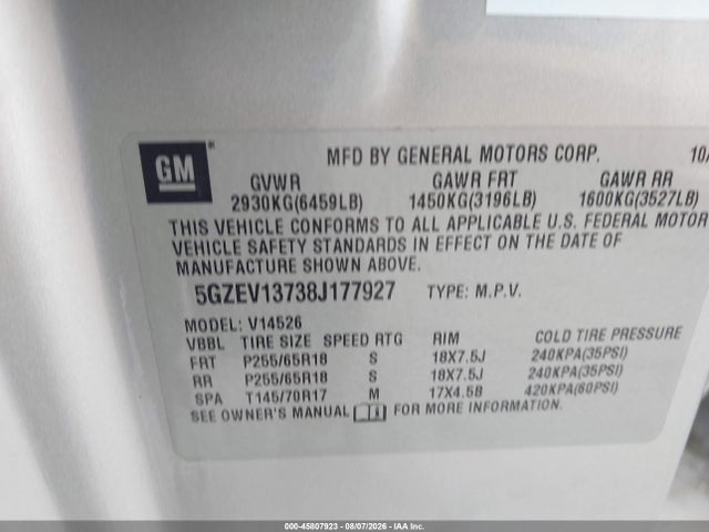 Продаж на аукціоні авто 2008 Saturn Outlook Xe, vin: 5GZEV13738J177927, номер лоту: 45807923