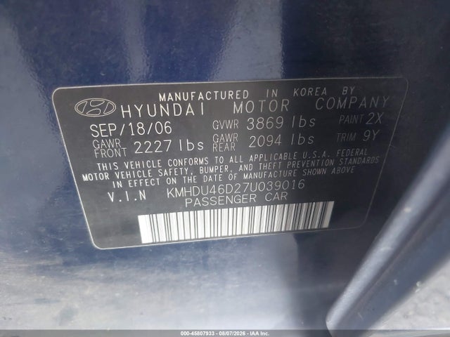 2007 Hyundai Elantra Gls/ltd/se მანქანა იყიდება აუქციონზე, vin: KMHDU46D27U039016, აუქციონის ნომერი: 45807933