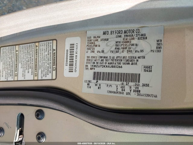 2004 Ford Explorer Xls მანქანა იყიდება აუქციონზე, vin: 1FMZU72KX4UB85266, აუქციონის ნომერი: 45807939