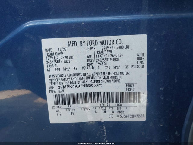Aukcja sprzedaży 2022 Ford Edge Titanium, vin: 2FMPK4K97NBB05373, numer aukcji: 45807945