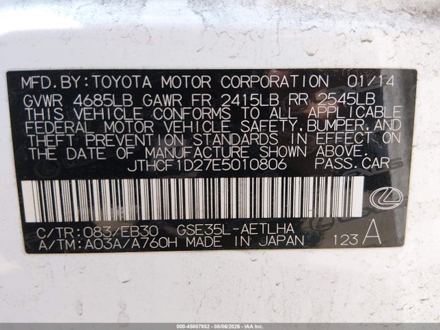 45807952 :رقم المزاد ، JTHCF1D27E5010806 vin ، 2014 Lexus Is 250 مزاد بيع
