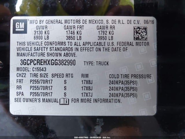 3GCPCREHXGG382990 Chevrolet Silverado 1500 Lt
