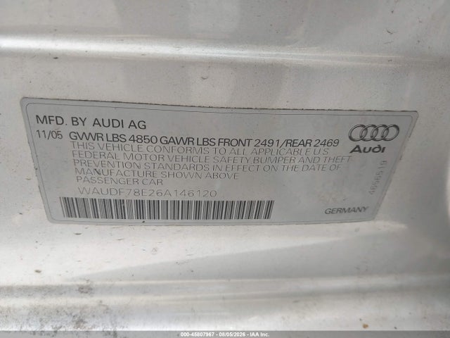 Aukcja sprzedaży 2006 Audi A4 2.0t, vin: WAUDF78E26A146120, numer aukcji: 45807967