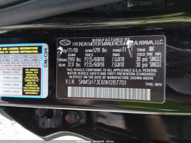 2009 Hyundai Santa Fe Limited მანქანა იყიდება აუქციონზე, vin: 5NMSH73E69H287701, აუქციონის ნომერი: 45807968