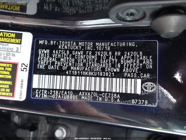 2019 Toyota Camry Se მანქანა იყიდება აუქციონზე, vin: 4T1B11HK8KU183821, აუქციონის ნომერი: 45808024