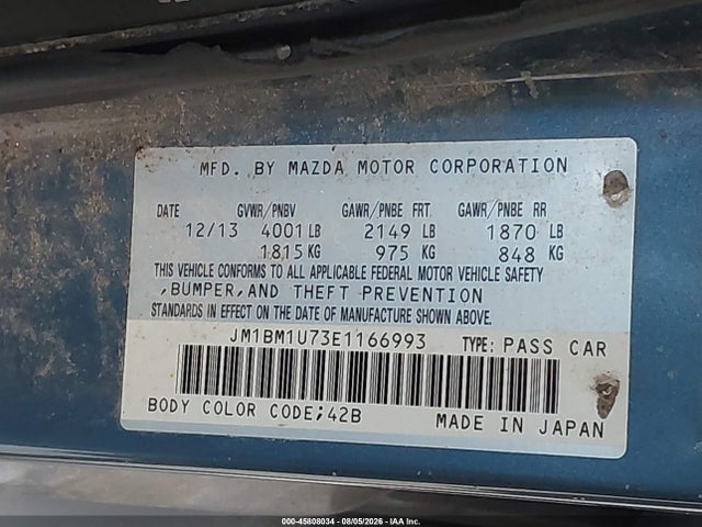 45808034 :رقم المزاد ، JM1BM1U73E1166993 vin ، 2014 Mazda Mazda3 I Sport مزاد بيع