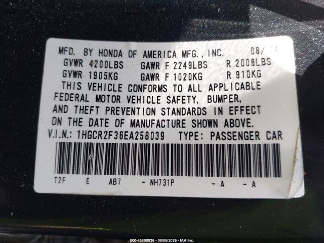 2014 Honda Accord Lx მანქანა იყიდება აუქციონზე, vin: 1HGCR2F36EA258039, აუქციონის ნომერი: 45808036
