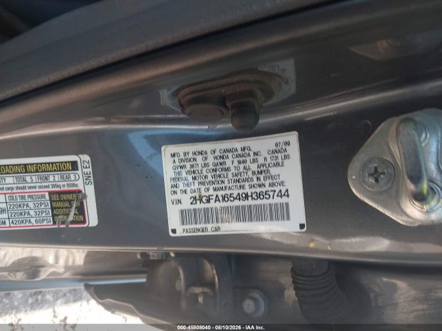 45808040 :رقم المزاد ، 2HGFA16549H365744 vin ، 2009 Honda Civic Lx مزاد بيع