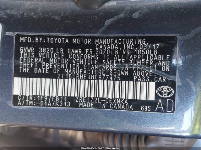 45808042 :رقم المزاد ، 2T1BURHE9HC877475 vin ، 2017 Toyota Corolla Le مزاد بيع