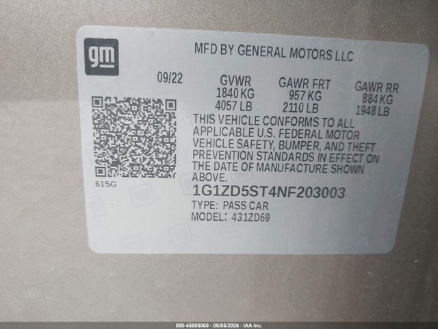 1G1ZD5ST4NF203003 Chevrolet Malibu Fwd Lt