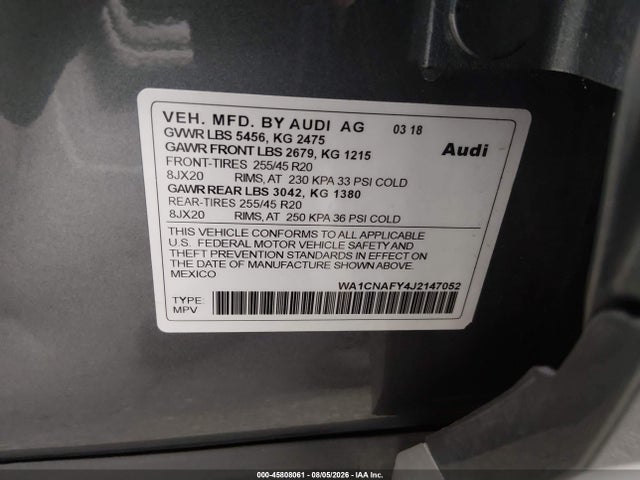 Aukcja sprzedaży 2018 Audi Q5 2.0t Premium/2.0t Tech Premium, vin: WA1CNAFY4J2147052, numer aukcji: 45808061