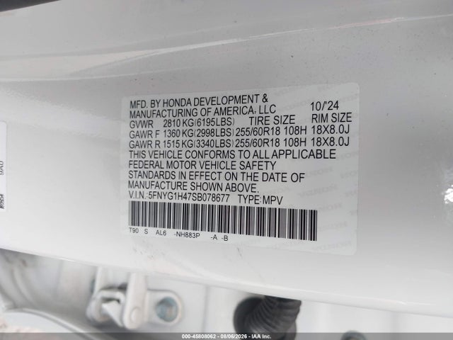 2025 Honda Pilot Ex-l მანქანა იყიდება აუქციონზე, vin: 5FNYG1H47SB078677, აუქციონის ნომერი: 45808062