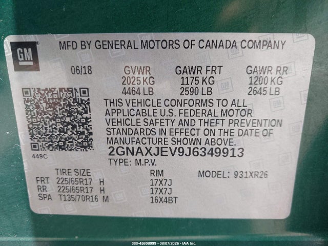 Aukcja sprzedaży 2018 Chevrolet Equinox Lt, vin: 2GNAXJEV9J6349913, numer aukcji: 45808099