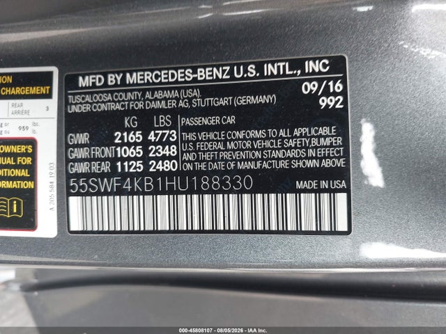 45808107 :رقم المزاد ، 55SWF4KB1HU188330 vin ، 2017 Mercedes-benz C 300 4matic مزاد بيع