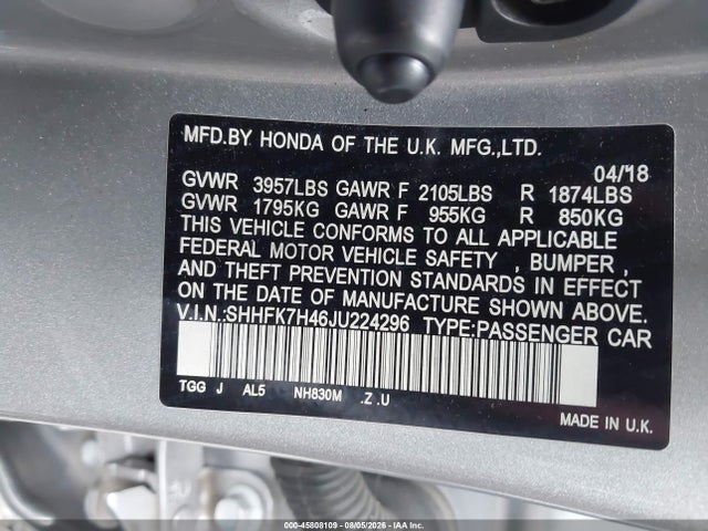45808109 :رقم المزاد ، SHHFK7H46JU224296 vin ، 2018 Honda Civic Sport مزاد بيع